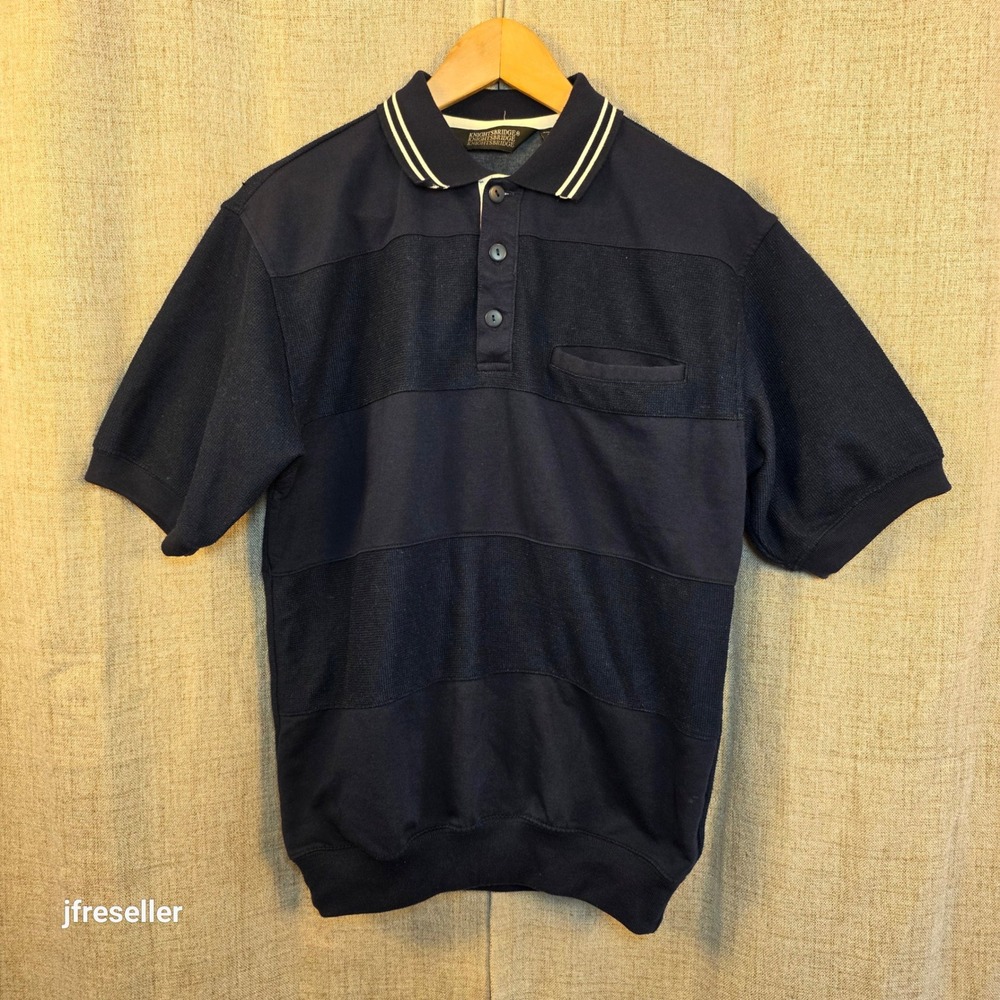 VTG Knightsbridge No Tuck 1/4 Button Polo Shirt Mens S Navy Blue Textured Stripe